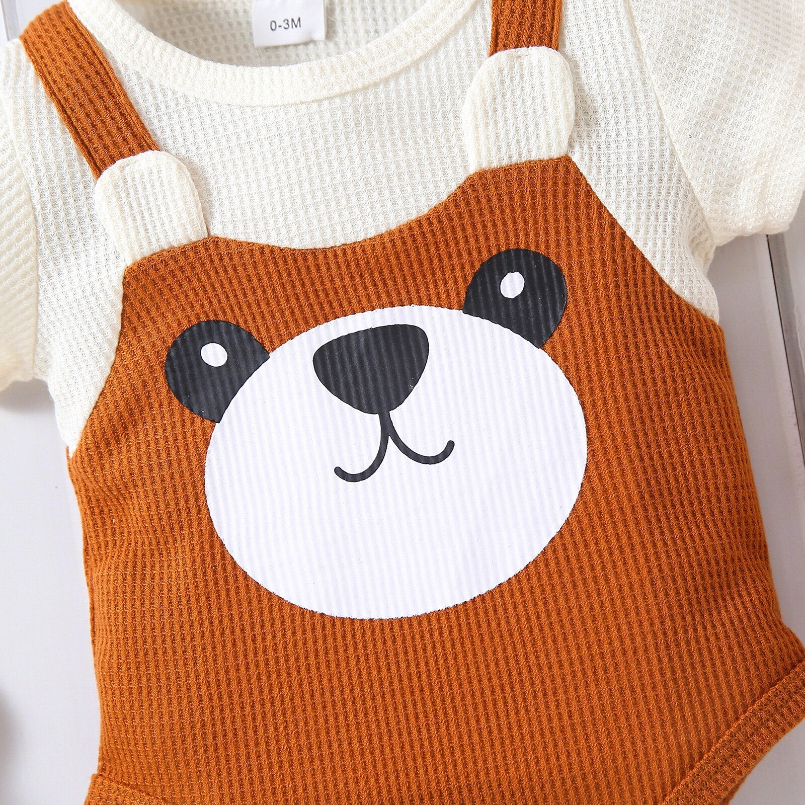 Adorable Baby Bear Graphic Colorblock Waffle Romper for Boys and Girls