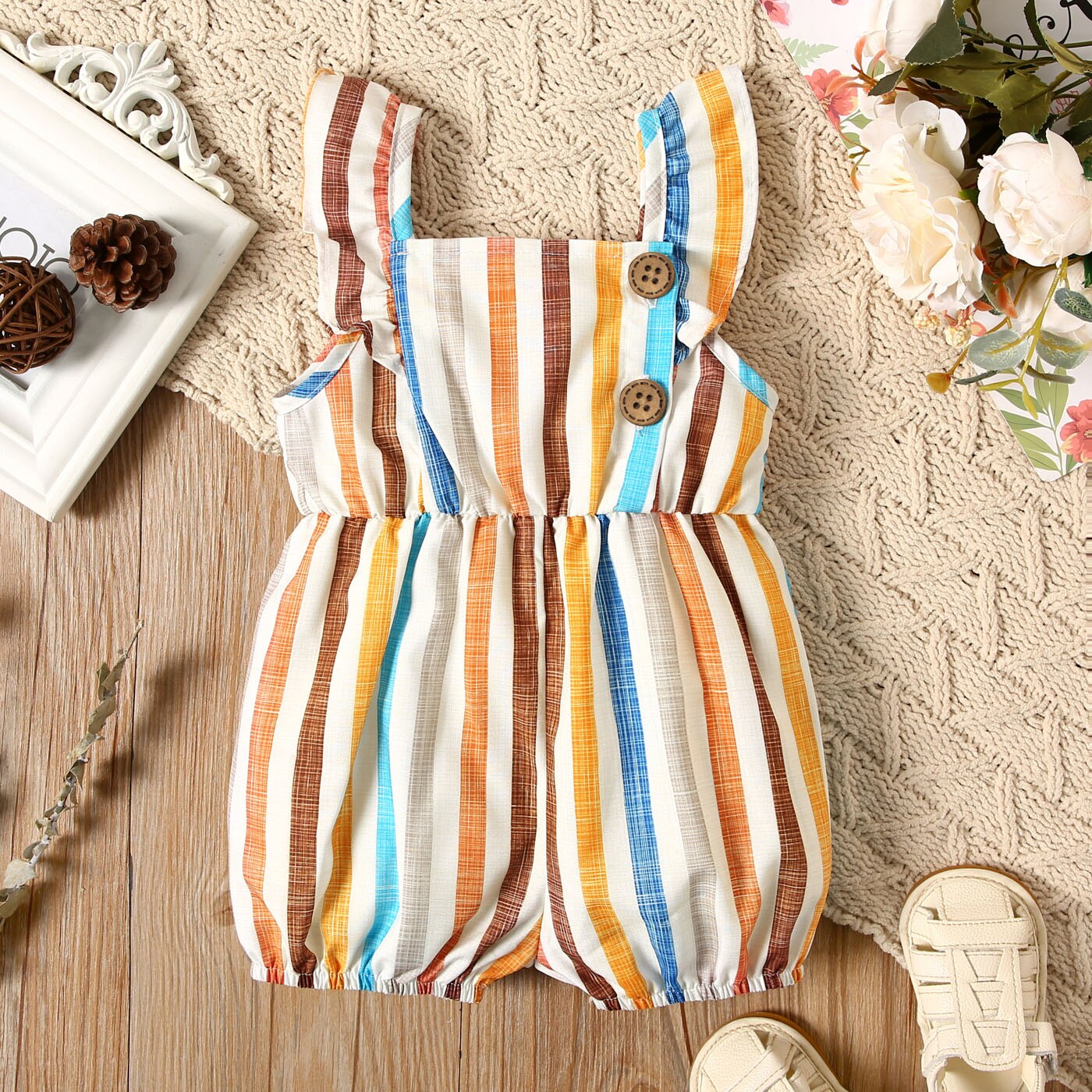 Baby Girl 100% Cotton Sleeveless Romper with Ruffle Trim