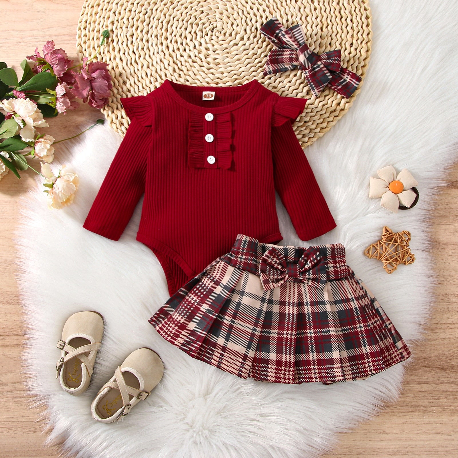 Baby Girl Outfit Sets - Pink Dots Lace Romper+Layered Denim Skirts