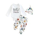 Adorable Infant Newborn Baby Clothes Set with Letter Romper, Cute Animal and Floral Print Pants, and Hat
