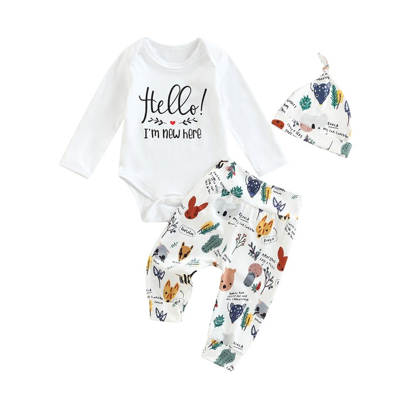 Adorable Infant Newborn Baby Clothes Set with Letter Romper, Cute Animal and Floral Print Pants, and Hat