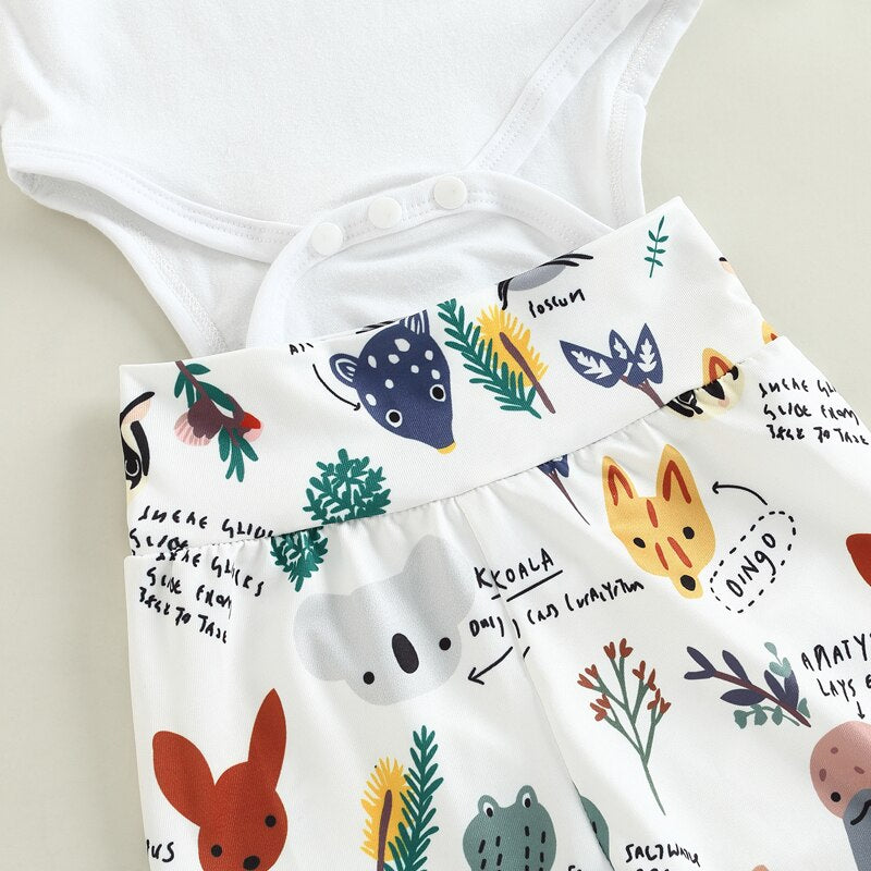 Adorable Infant Newborn Baby Clothes Set with Letter Romper, Cute Animal and Floral Print Pants, and Hat