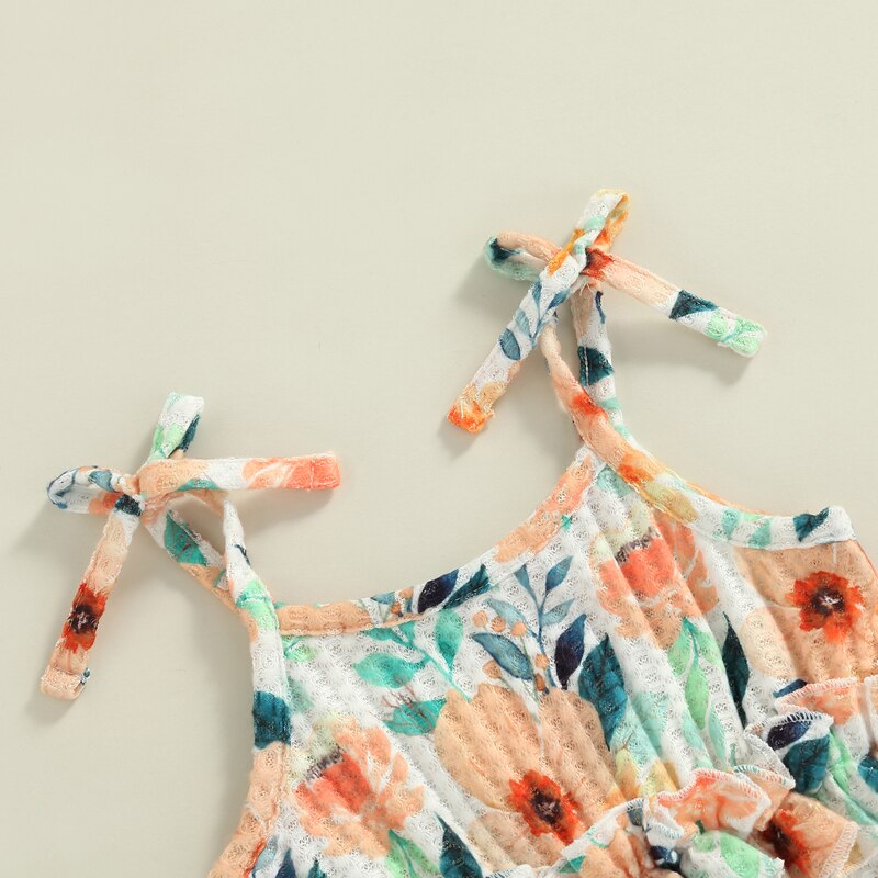 Summer Infant Baby Girls Floral Printed Romper with Ruffled Spaghetti Straps