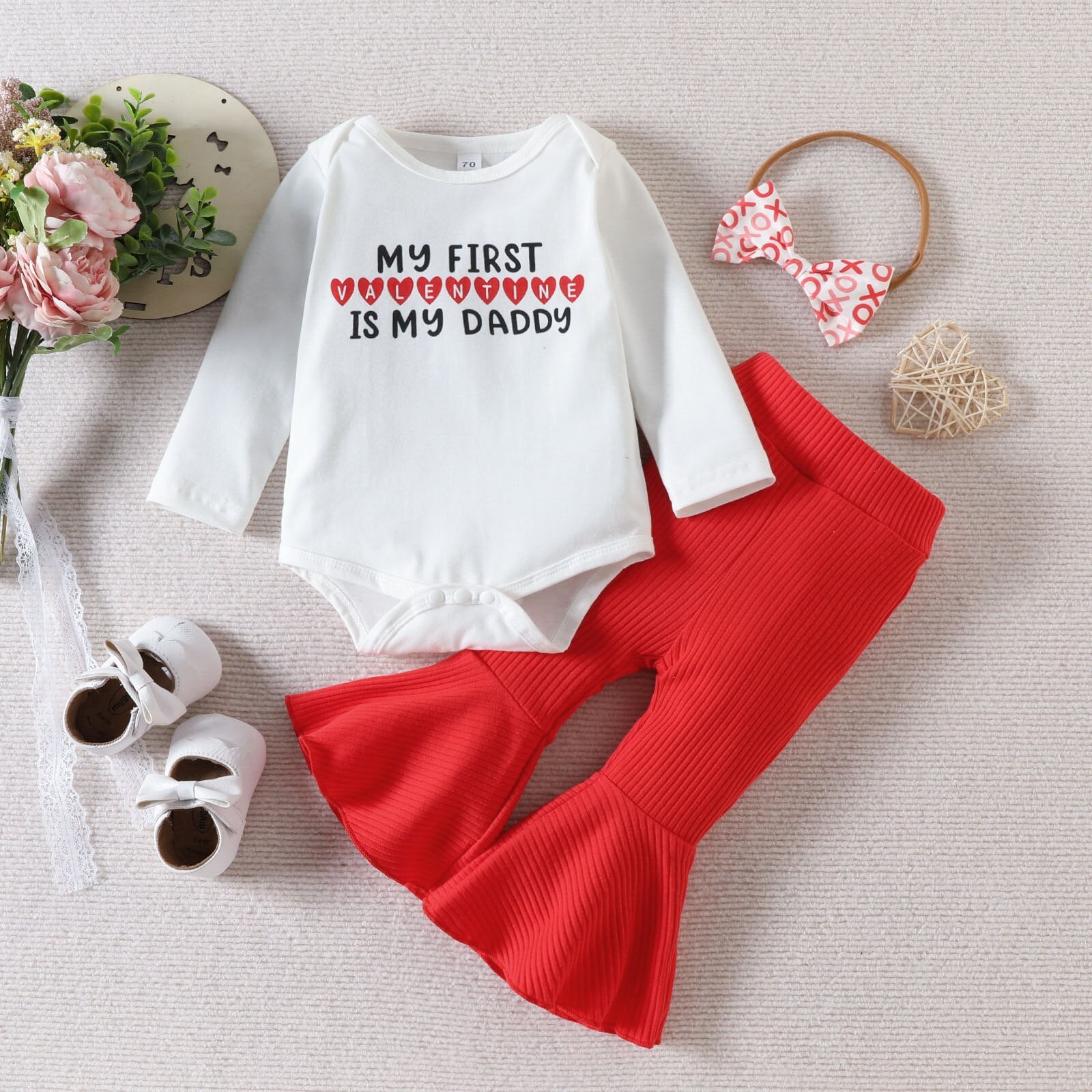 Adorable 0-24 Months Valentines Day 3pcs Baby Girls Clothes Sets