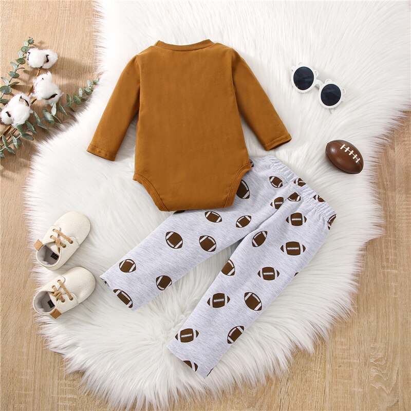 Newborn Baby Boys and Girls 2-Piece Outfit Set with Letter Print Romper and Rugby Print Pants