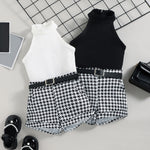 Baby Little Girl S Sleeveless Ribbed Outfit Set - Solid Color Stand-up Collar Belted Shorts - Babbez