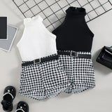 Baby Little Girl S Sleeveless Ribbed Outfit Set - Solid Color Stand-up Collar Belted Shorts - Babbez
