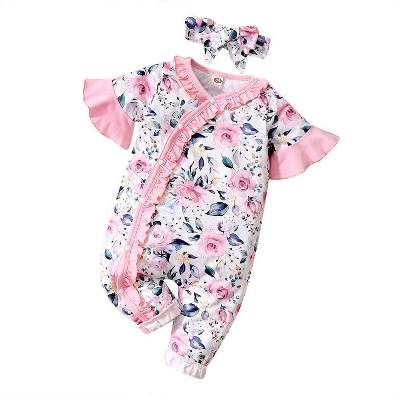 Adorable Newborn Baby Girl Summer Romper with Floral Print and Headband