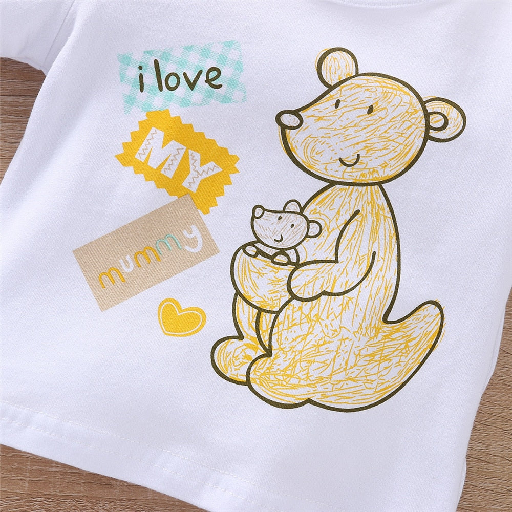 Summer Kangaroo Printed Top and Stars Overalls Baby Set