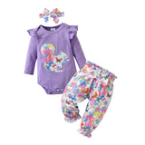 Adorable Butterfly-themed Newborn Baby Girl Clothes Set with Fly Sleeve Bodysuit, Flower Pant and Bow Headband Outfit