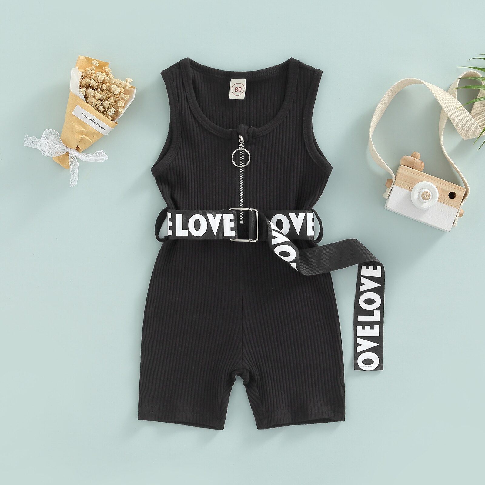 Fashion Kids Girl's Summer Jumpsuit 0-4Y Solid Sleeveless Zipper Ribbed Playsuit Shorts With Letter Printed Belt