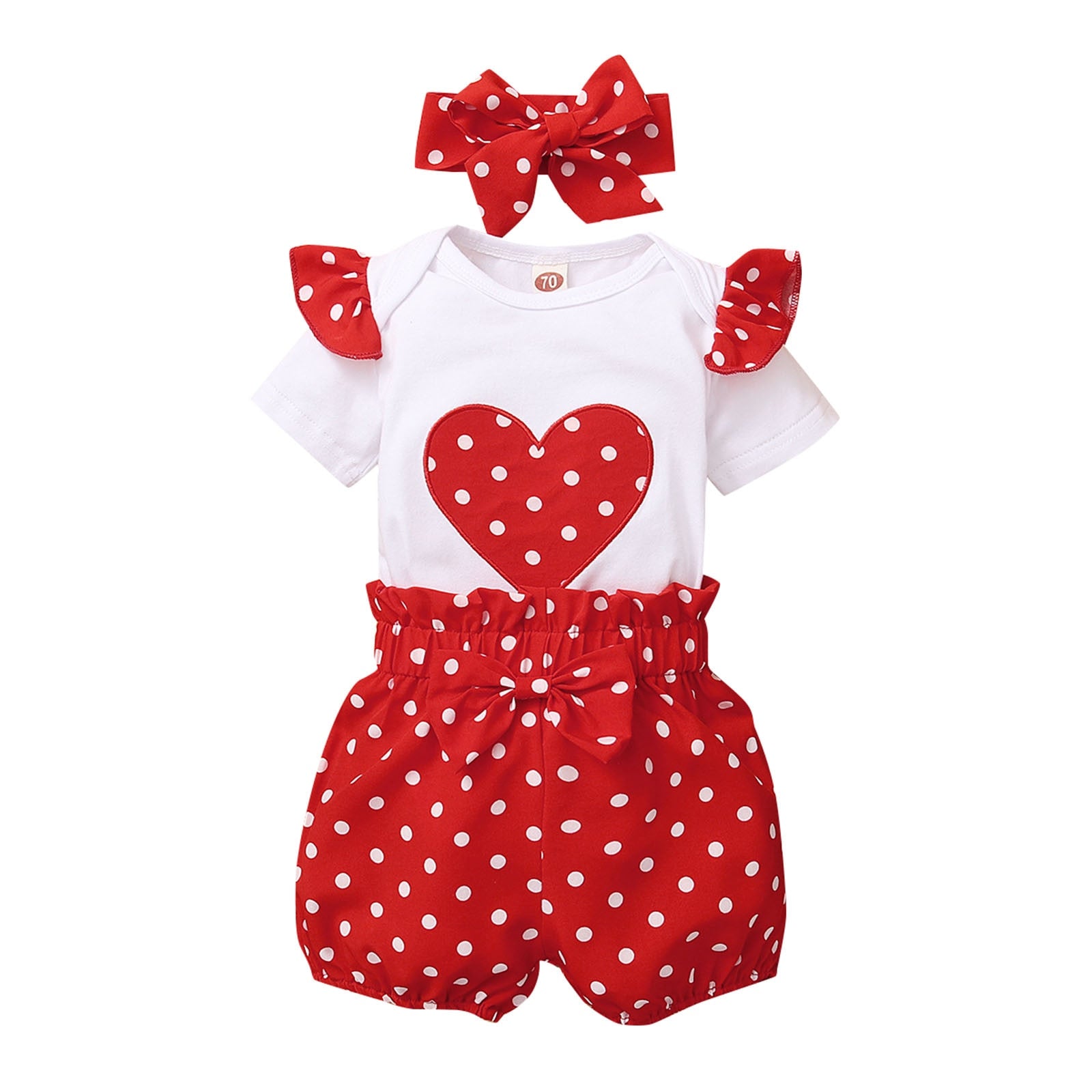 Stylish 3PCS Sets for Newborn Baby Girls - Short Ruffled Sleeve Patchwork Romper Tops Polka Dot Shorts Outfits With Headbands for Summer