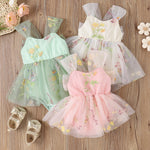Baby Girl Princess Romper Dress with Floral Embroidery and Lace Mesh - Babbez