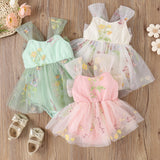 Baby Girl Princess Romper Dress with Floral Embroidery and Lace Mesh - Babbez