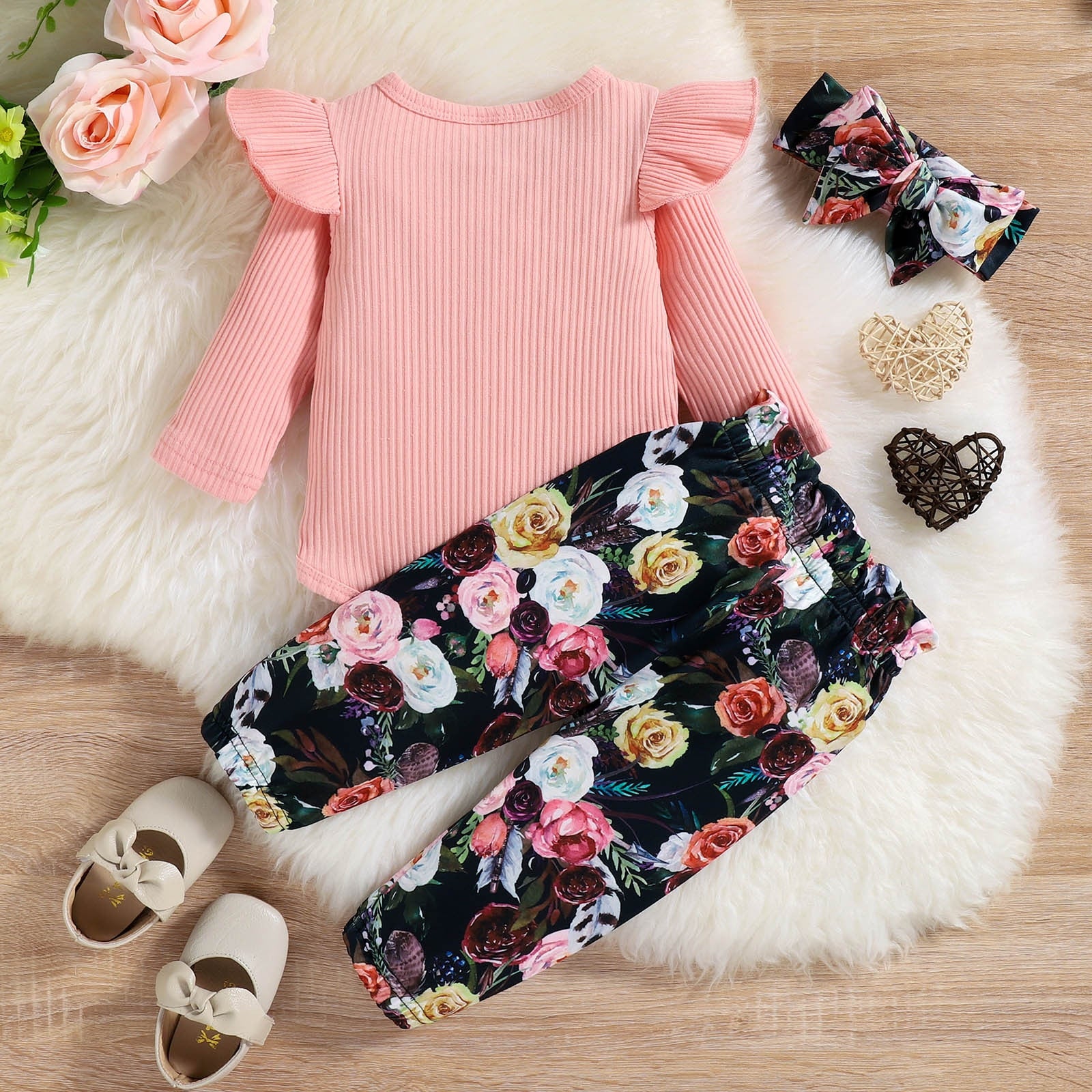 Adorable Baby Girl Clothes Set for Autumn/Winter - Long Sleeve Romper and Pants with Bow Detail