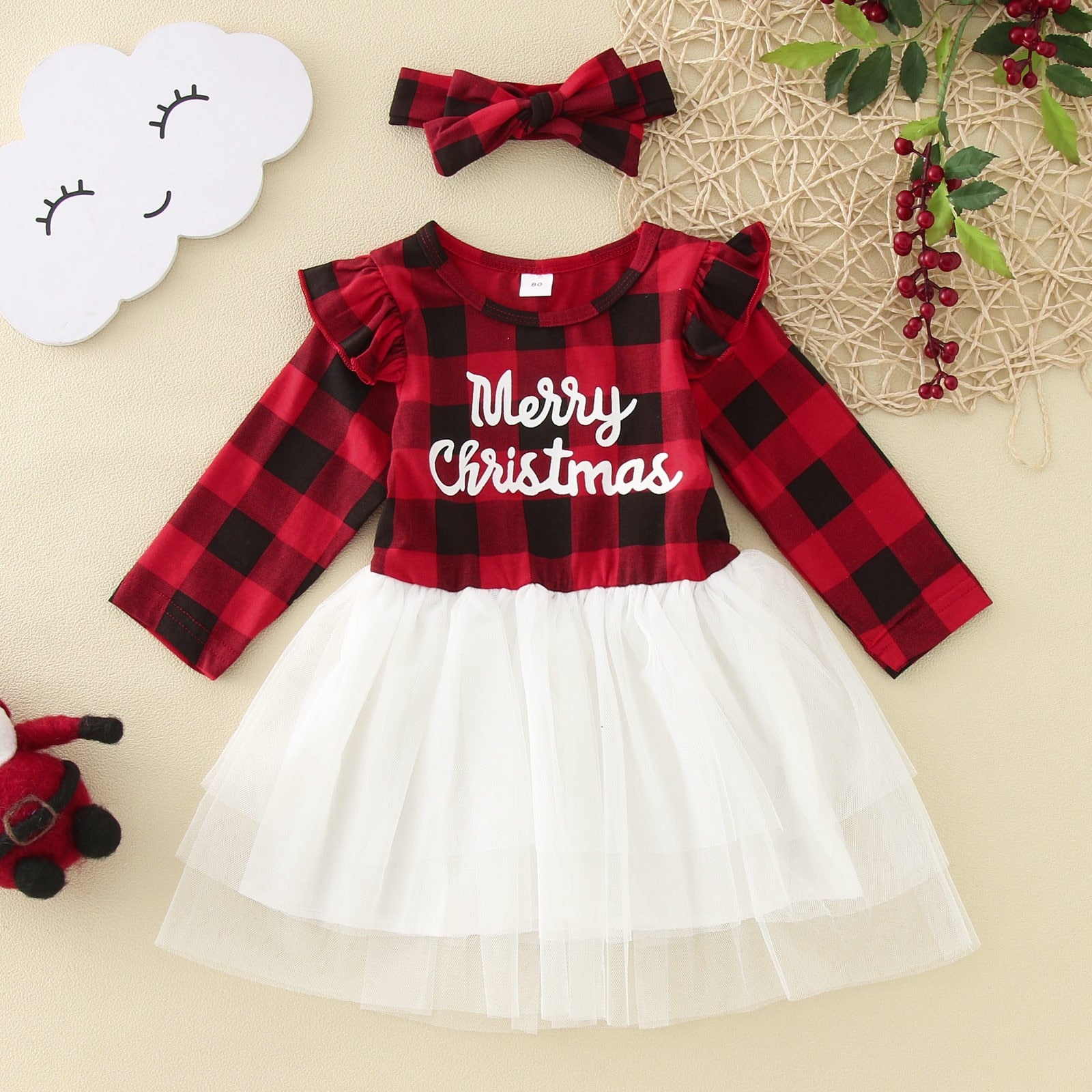 Kids Baby Girl Mesh Tutu Dress - Long Sleeve Red and Black Plaid Dress for Christmas Party and Spring/Fall