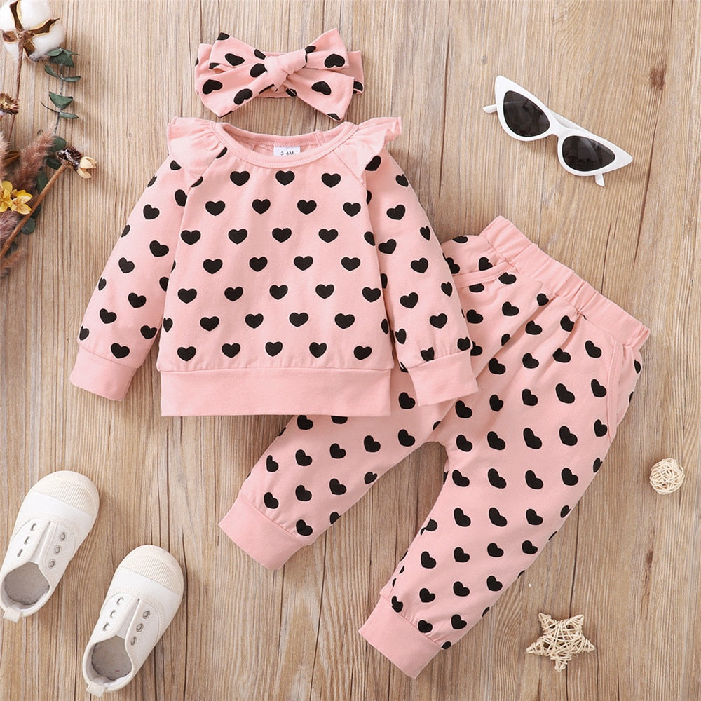 Hearts Printed Girls Baby Clothes Set - Flying Sleeve Top + Pants 3Pcs Kids Toddler Costume