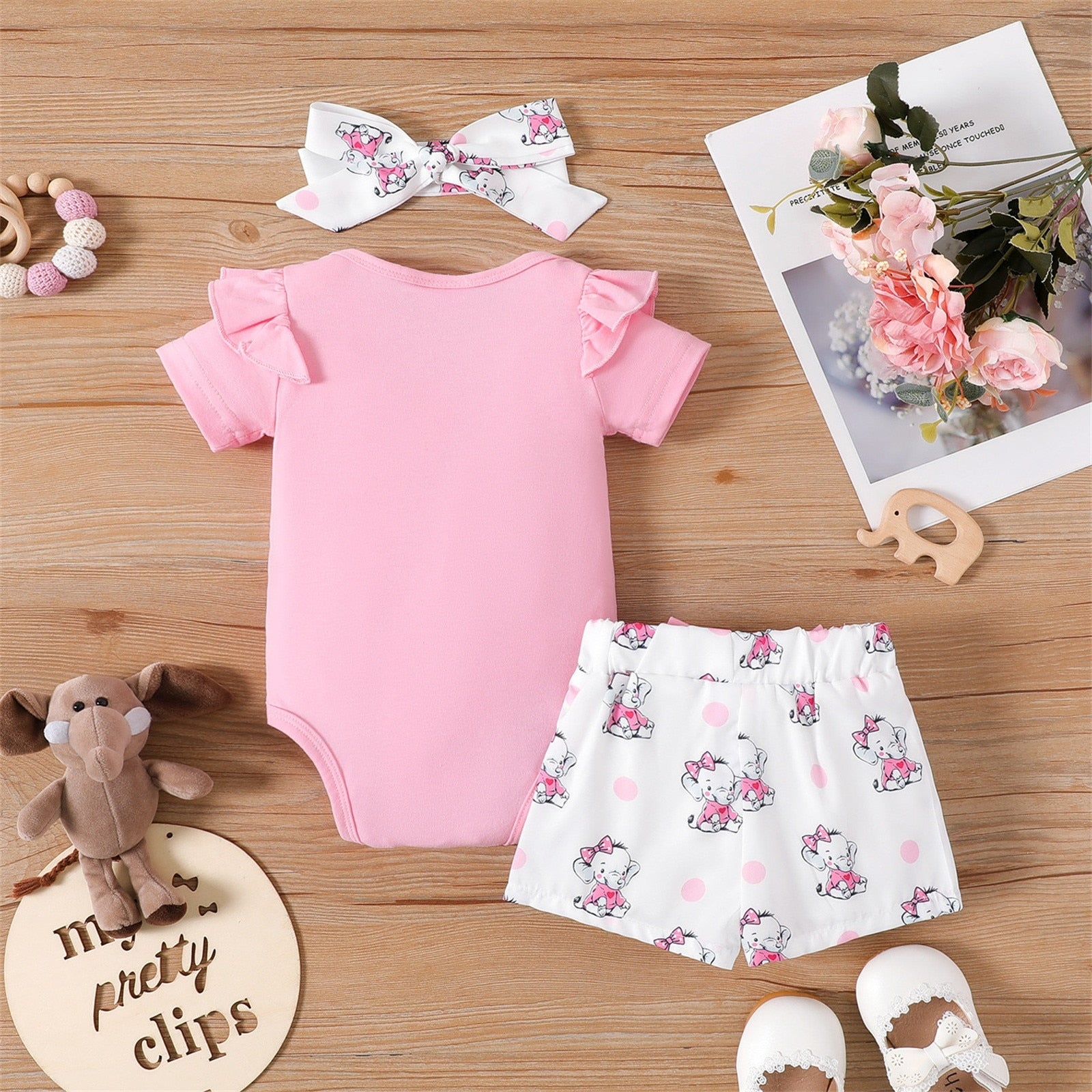 Adorable Elephant Print Newborn Baby Girl's Summer Clothes Set