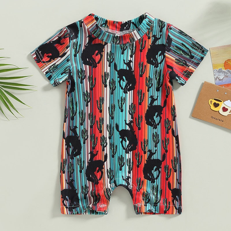 Fashion Baby Summer Clothes for Boys Ribbed Cactus and Sun Print Short Sleeve Rompers and Overalls