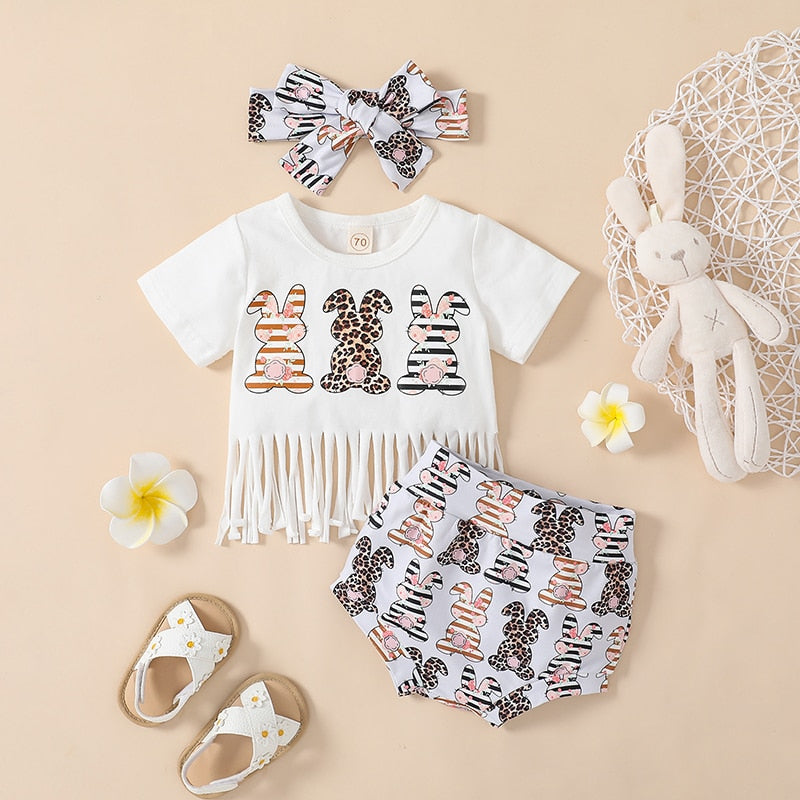 Summer Newborn Baby Girls Independence Day Clothes Sets Rabbit Letter Print Short Sleeve Tassels T-shirts+Shorts Casual Outfits