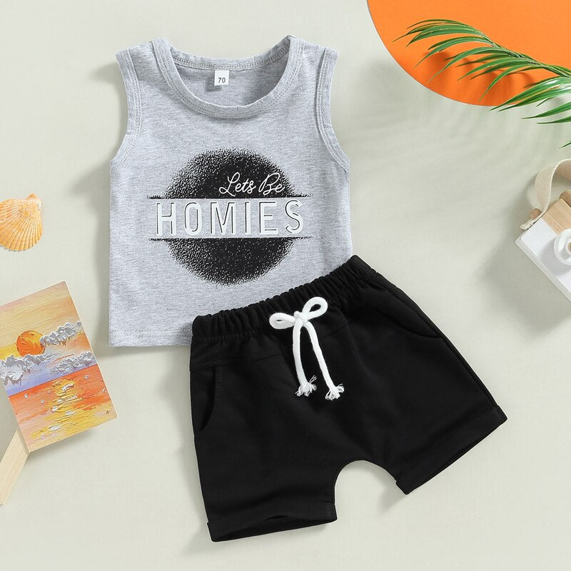 Summer Clothes for Toddler and Newborn Baby Boys: Coconut Tree and Letters Print Tank Tops with Elastic Waist Shorts - Casual Tracksuits