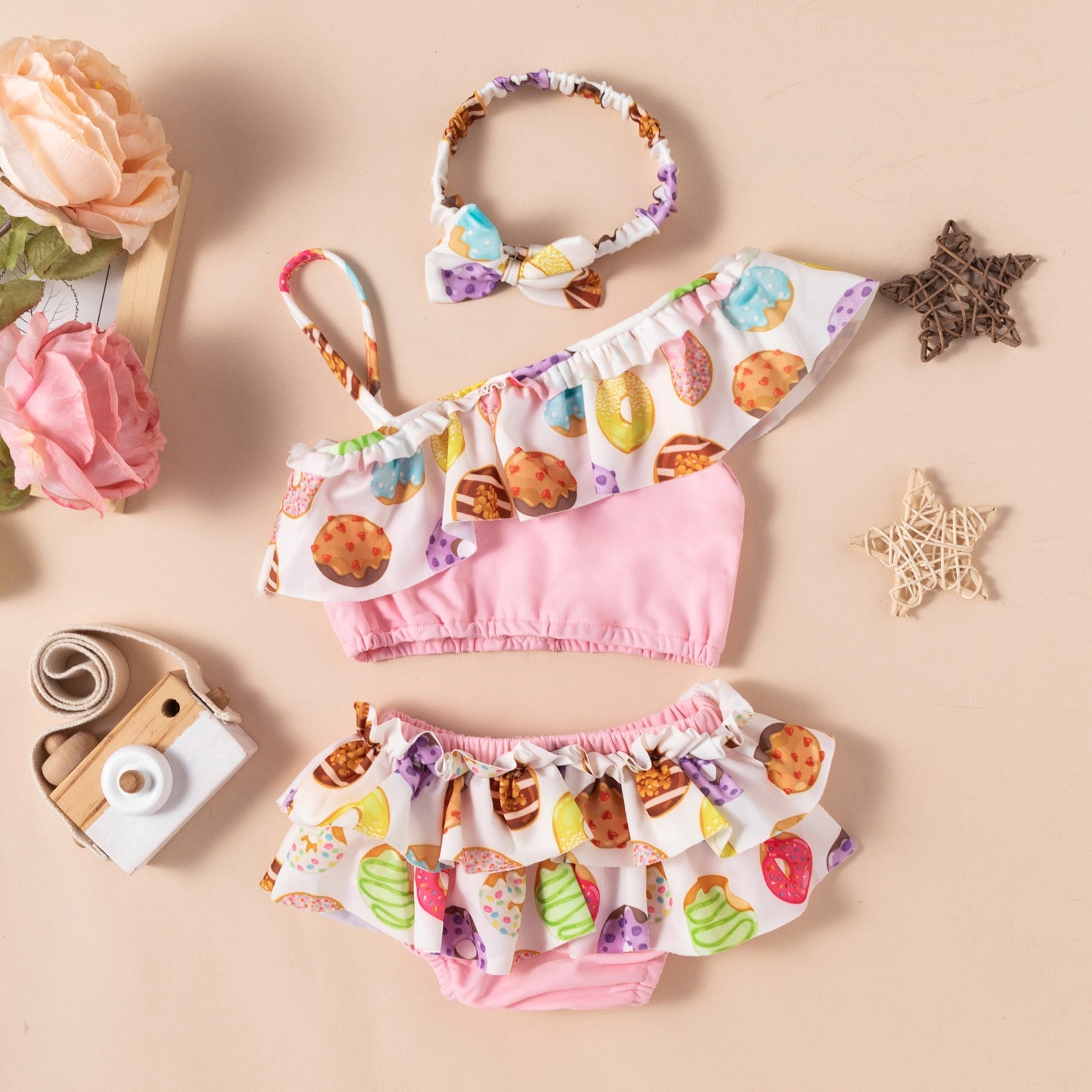 Toddler Girls Donut Print One Shoulder Bikini Swimsuit Set