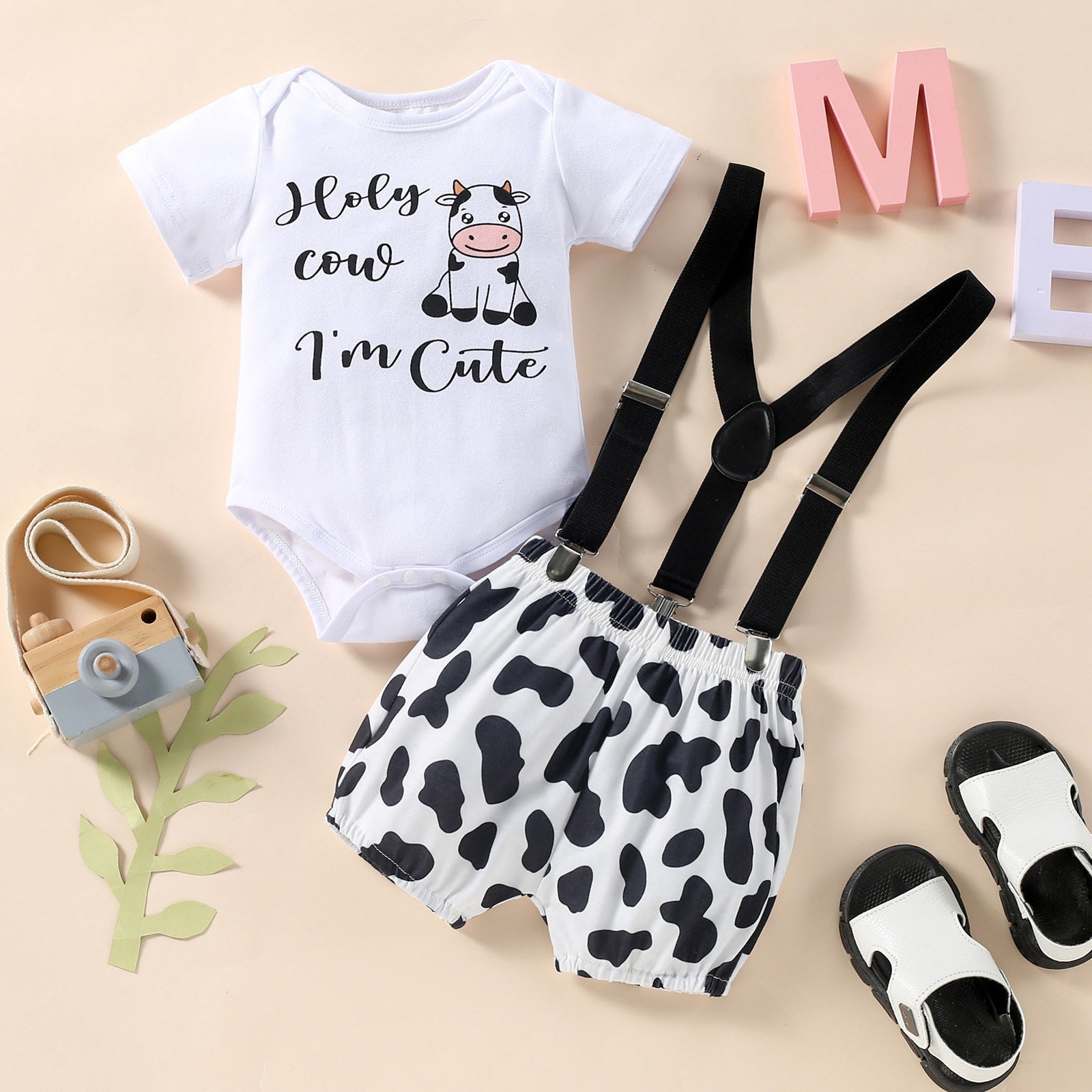 Adorable Baby Suit: Summer Short Sleeve Tops and Suspenders Shorts Sets with Cow Letter Prints - Perfect for Birthdays and Playtime