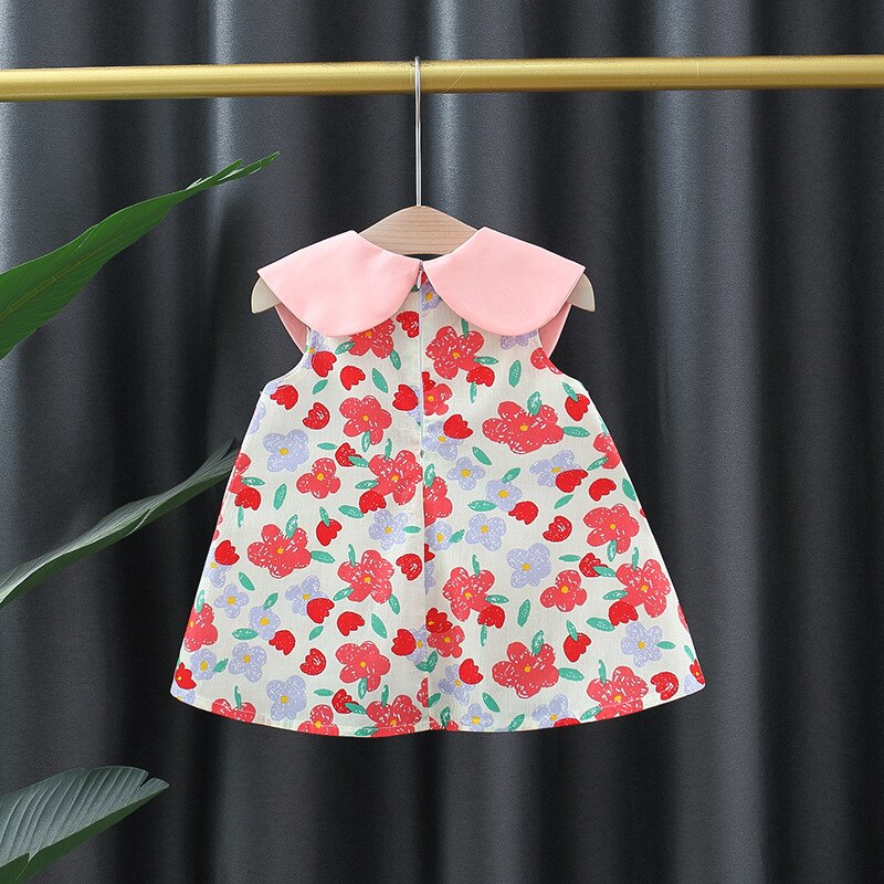 Cute Summer Baby Girl Beach Dresses with Doll Collar and Flowers