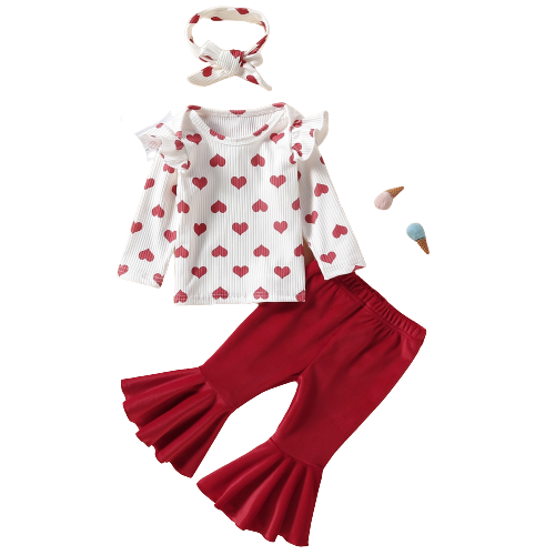 Girls Valentine's Day Costume Set Heart Print Top+Bell Bottoms