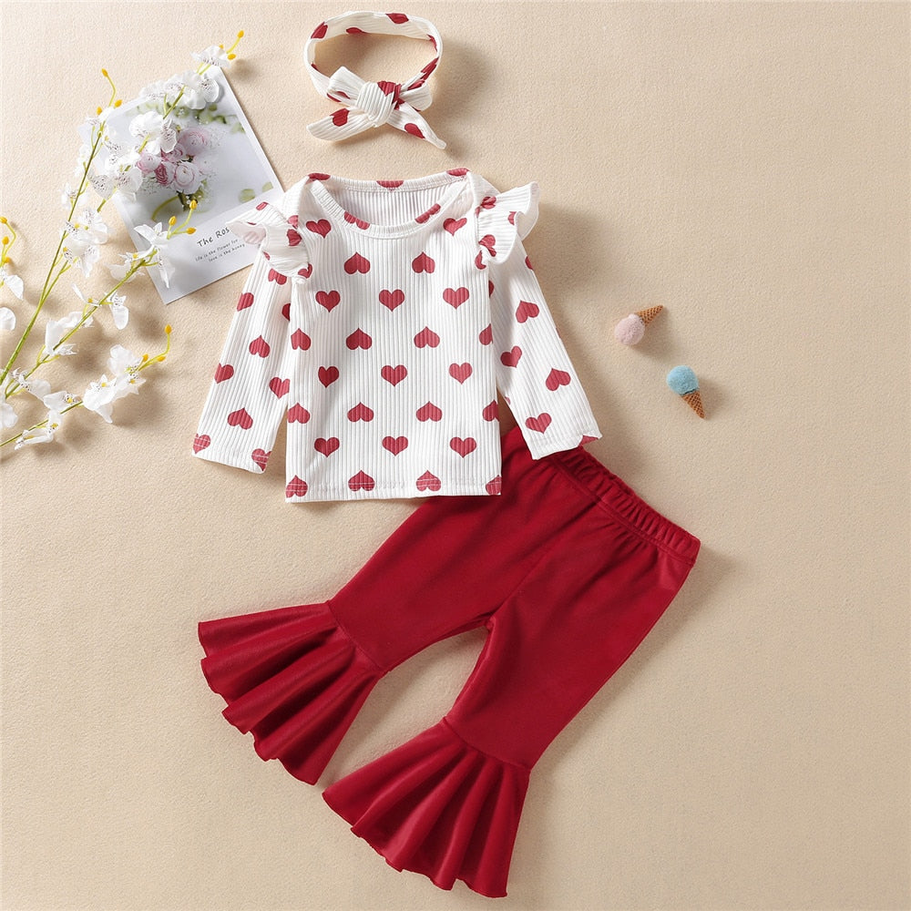 Girls Valentine's Day Costume Set Heart Print Top+Bell Bottoms