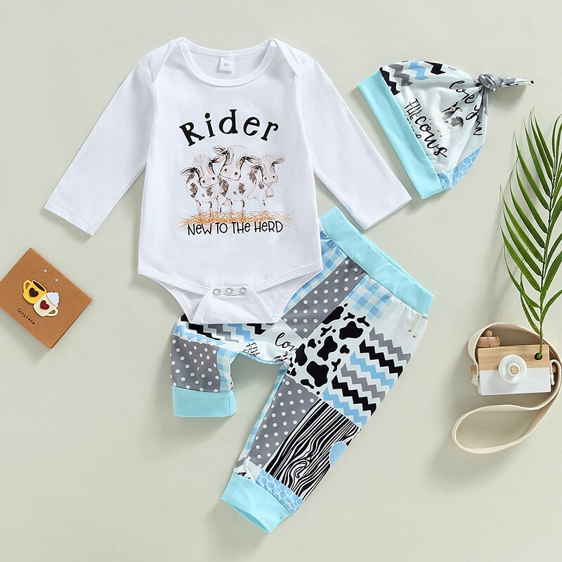 Adorable Baby Girls Clothes Set  - Long Sleeve Romper, Animal Pattern Pants, and Hat Costume Set