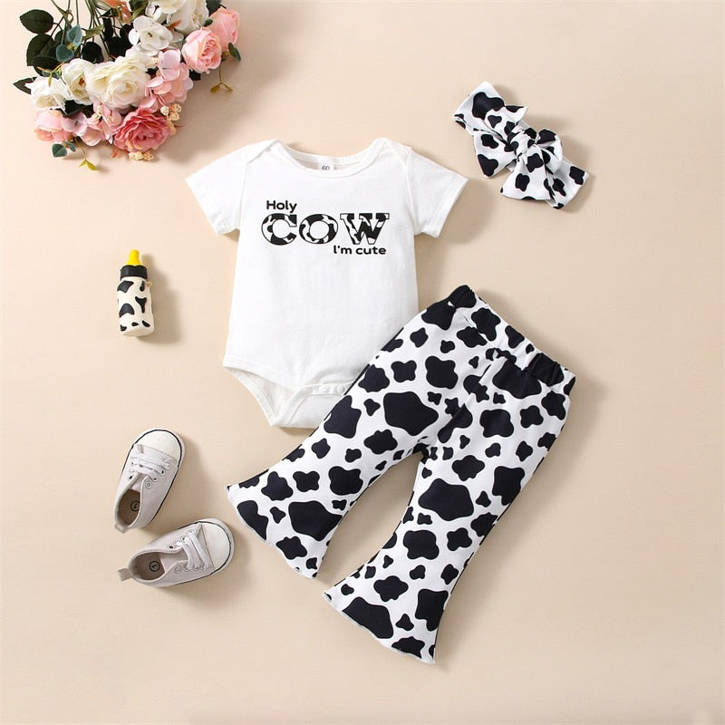 Adorable Baby Girls 3-Piece Clothing Set with Letters Print and Cow Pattern