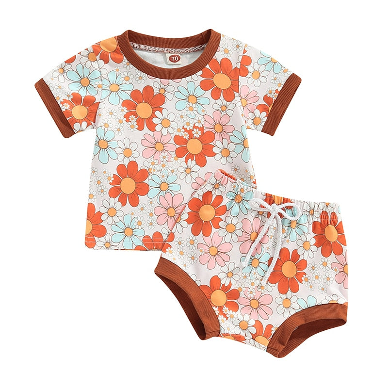 Summer Sunflower Baby Outfits - Short Sleeve T-shirts with Drawstring Shorts for Boys and Girls