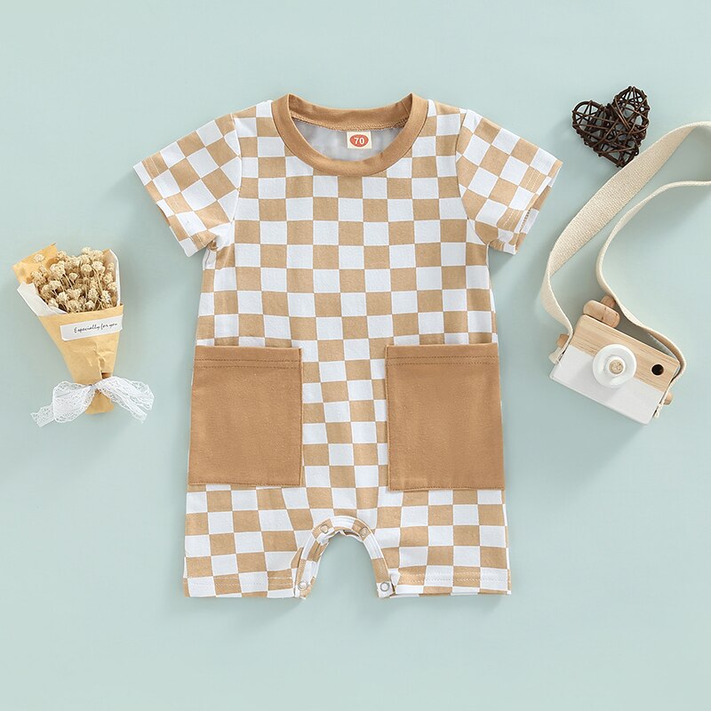 Stylish Black and White Plaid Baby Romper with Pockets