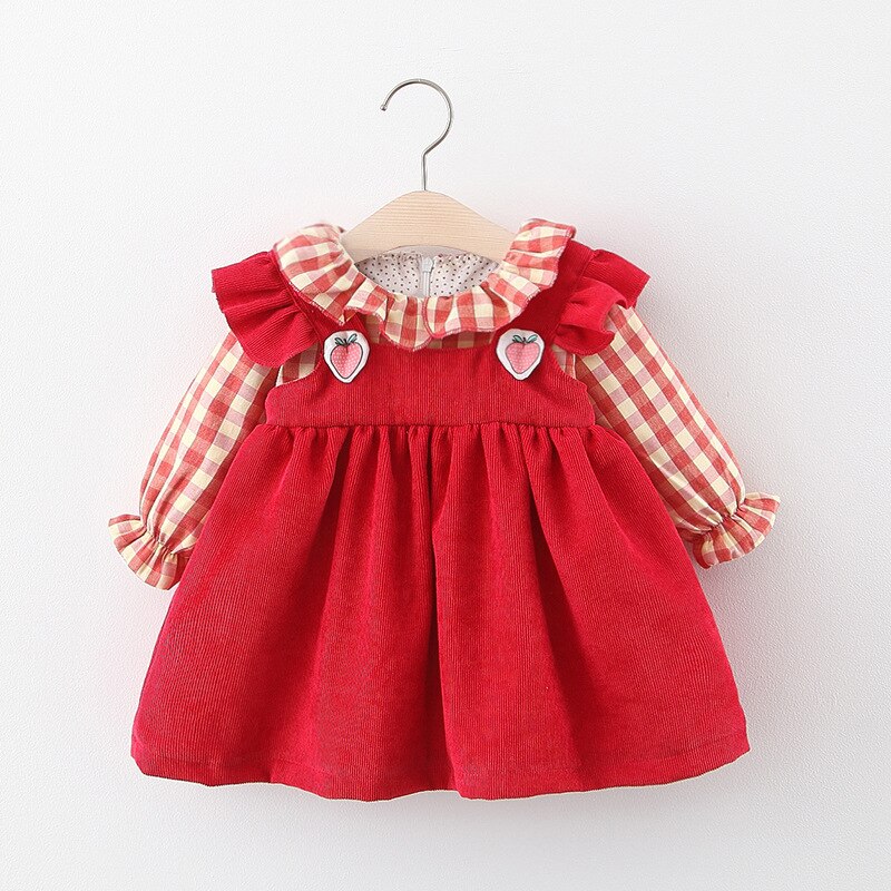 Adorable Autumn Baby Girl Strawberry Plaid Dress for 0-3 Year Old