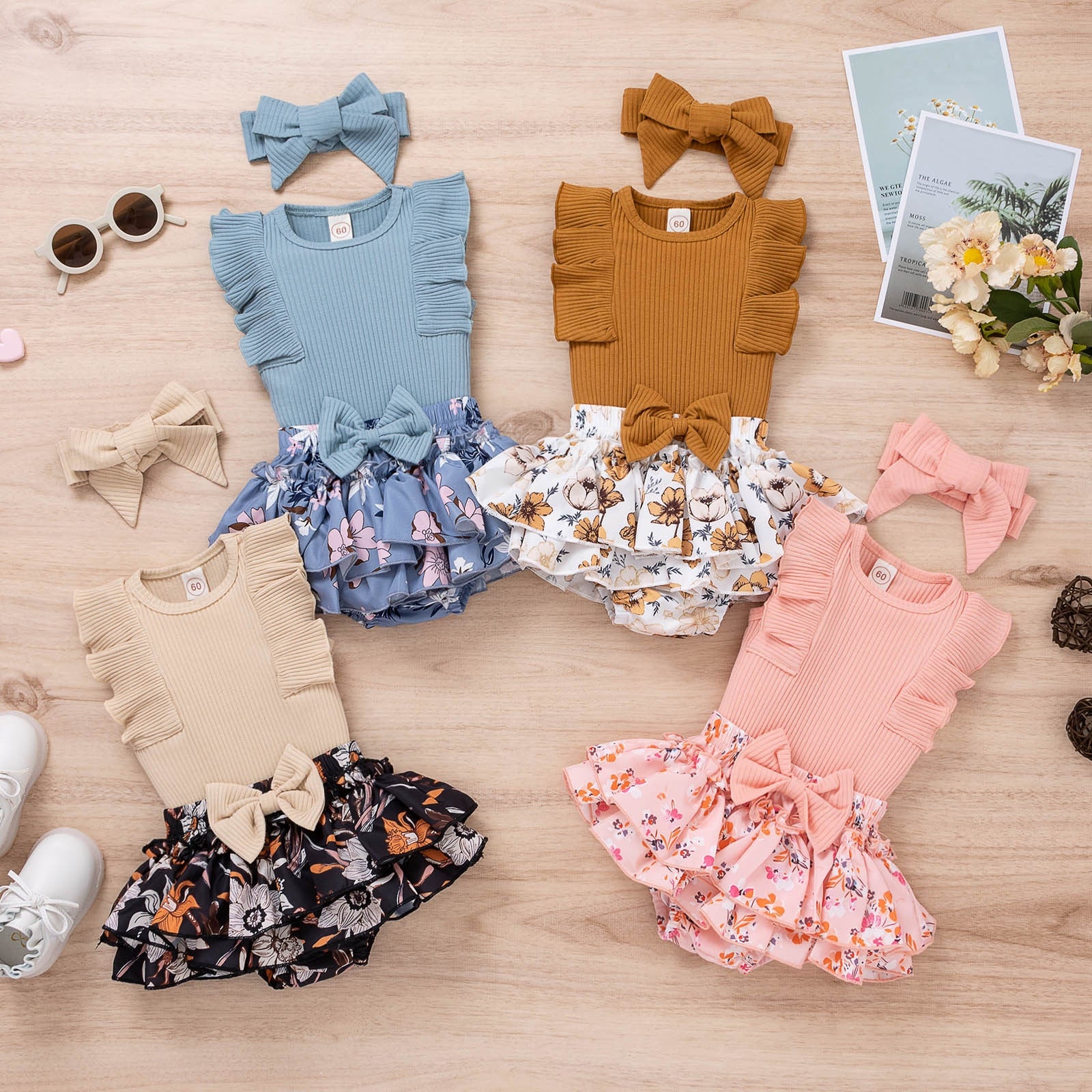 Newborn Girls 3-Piece Summer Outfit - Sleeveless Ribbed Romper, Floral Print Shorts, and Headband Set