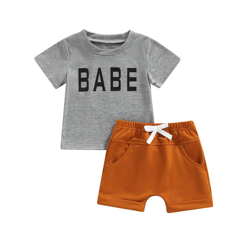 Unisex Newborn Infant Baby Clothes Sets Boys Girls Short Sleeve Letter Print T-Shirts Knot Front Shorts 2pcs Casual Suits