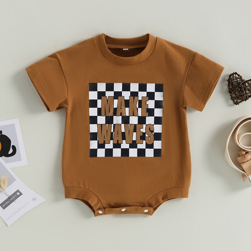 Vintage Newborn Baby Boys Girls Summer Rompers - Short Sleeve O Neck Letter Checkerboard Print Jumpsuits