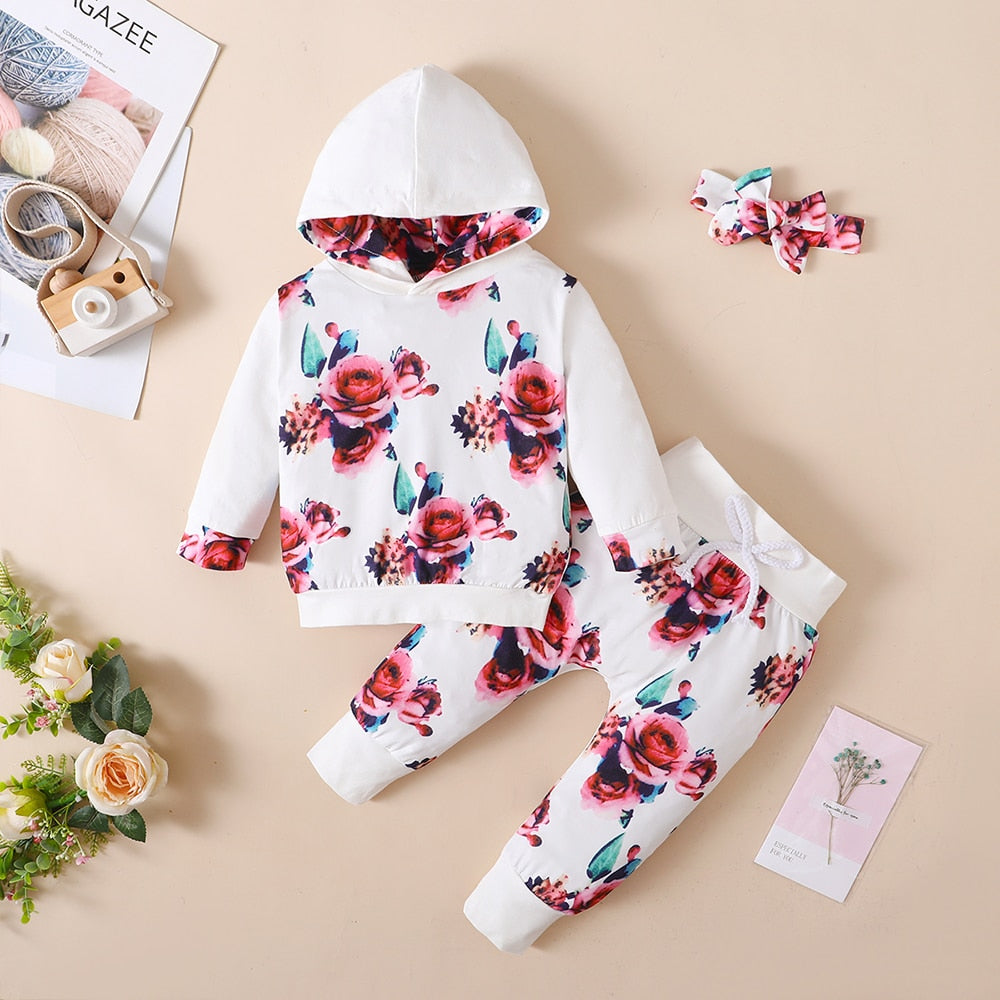 Baby Girls Clothing Sets - Hoodie Long Sleeve Tops + Pants + Headband Cotton Kids Tracksuits