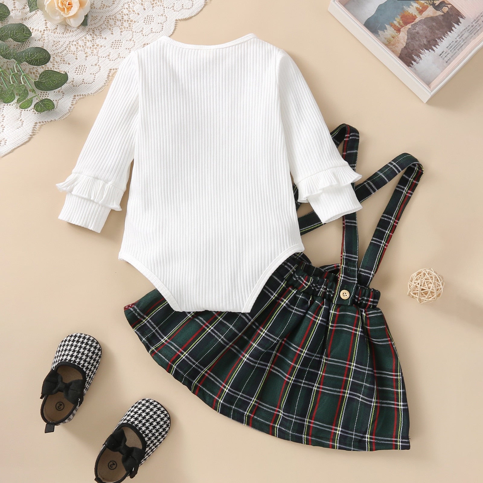 Newborn Infant Baby Girls Clothes Sets: Spring Collection of Ribbed Long Sleeve Romper Bodysuit and Plaid Suspender Dress Princess Sets