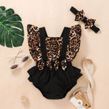 Adorable Newborn Baby Girl Bodysuit with Ruched Patchwork Leopard Print Romper and Headband