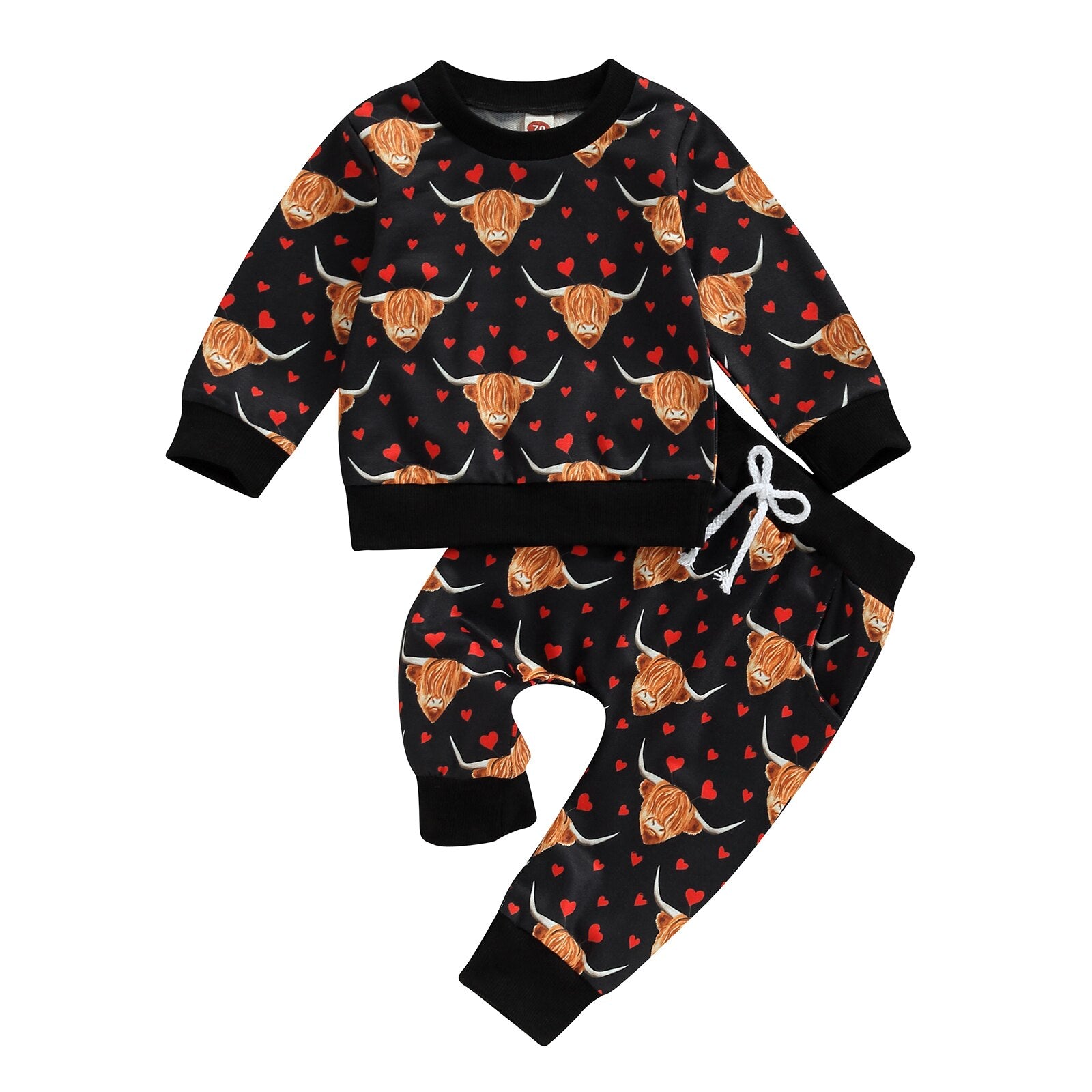 Spring Kid Clothes Boy Clothes Set Letter Cow Head Print Long Sleeve Sweatshirt + Solid Color Trousers Baby Clothing - Babbez