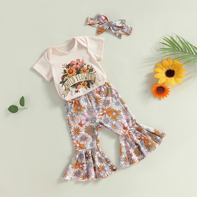 Infant Baby Girls Summer Clothes Set with Letter Floral Print and Bow Headband