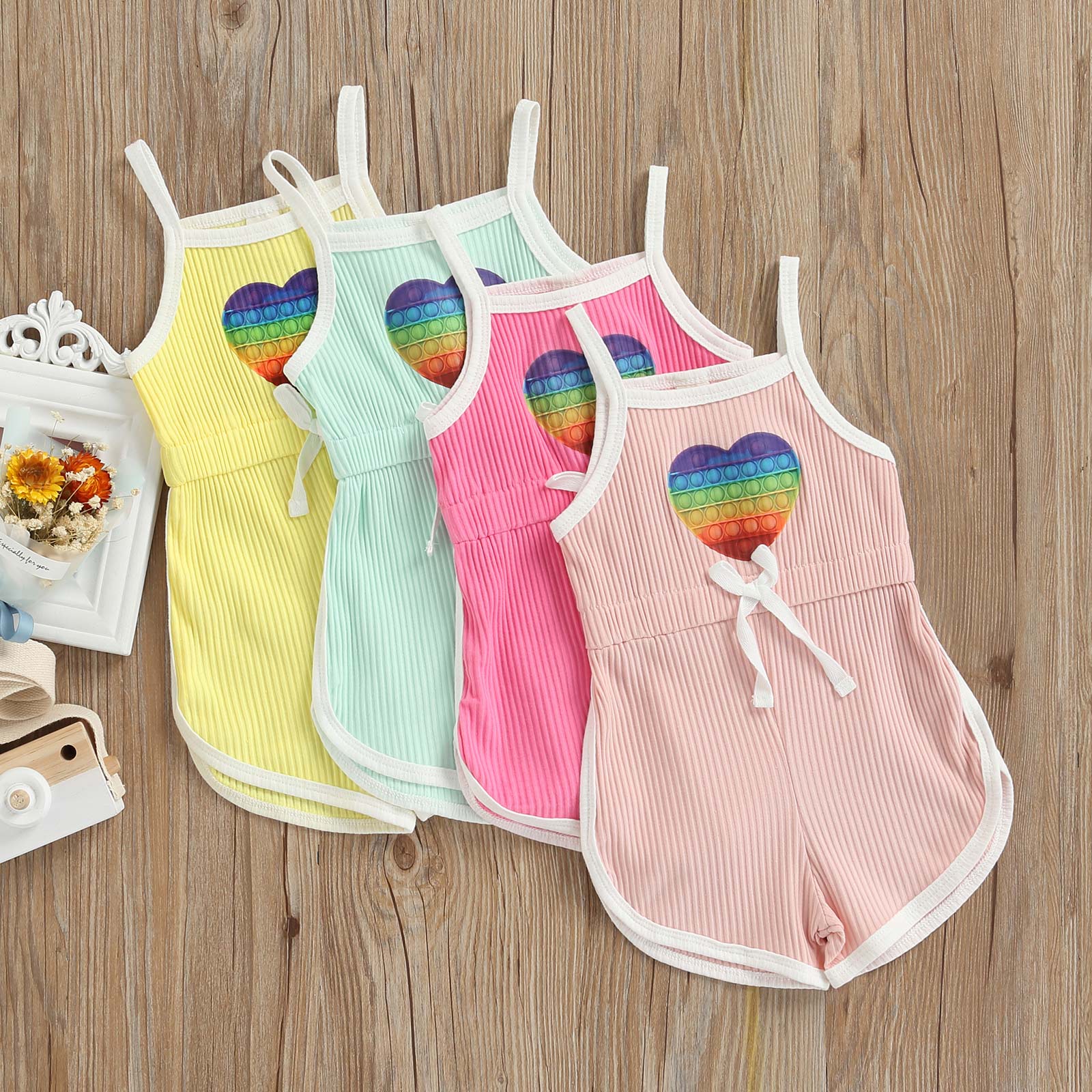 Adorable Summer Jumpsuits for Kids Girls: Heart Print Strap Playsuits