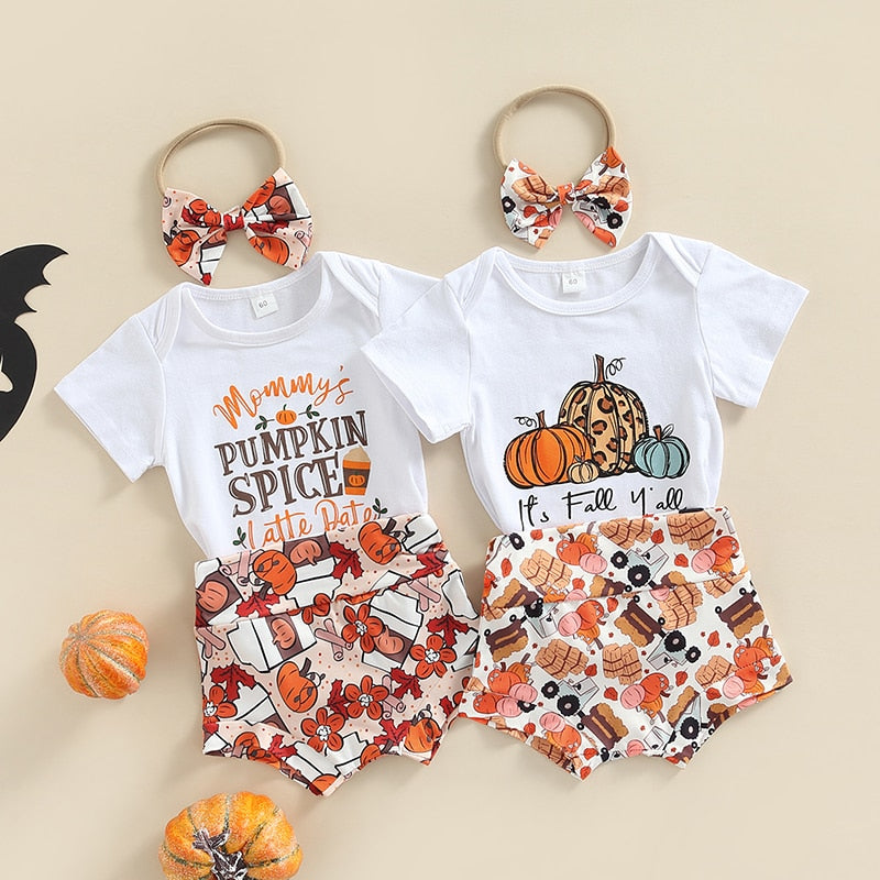 Cute Halloween Baby Girl Clothes Set - Pumpkin/Letter Print Bodysuits, Shorts, Headband