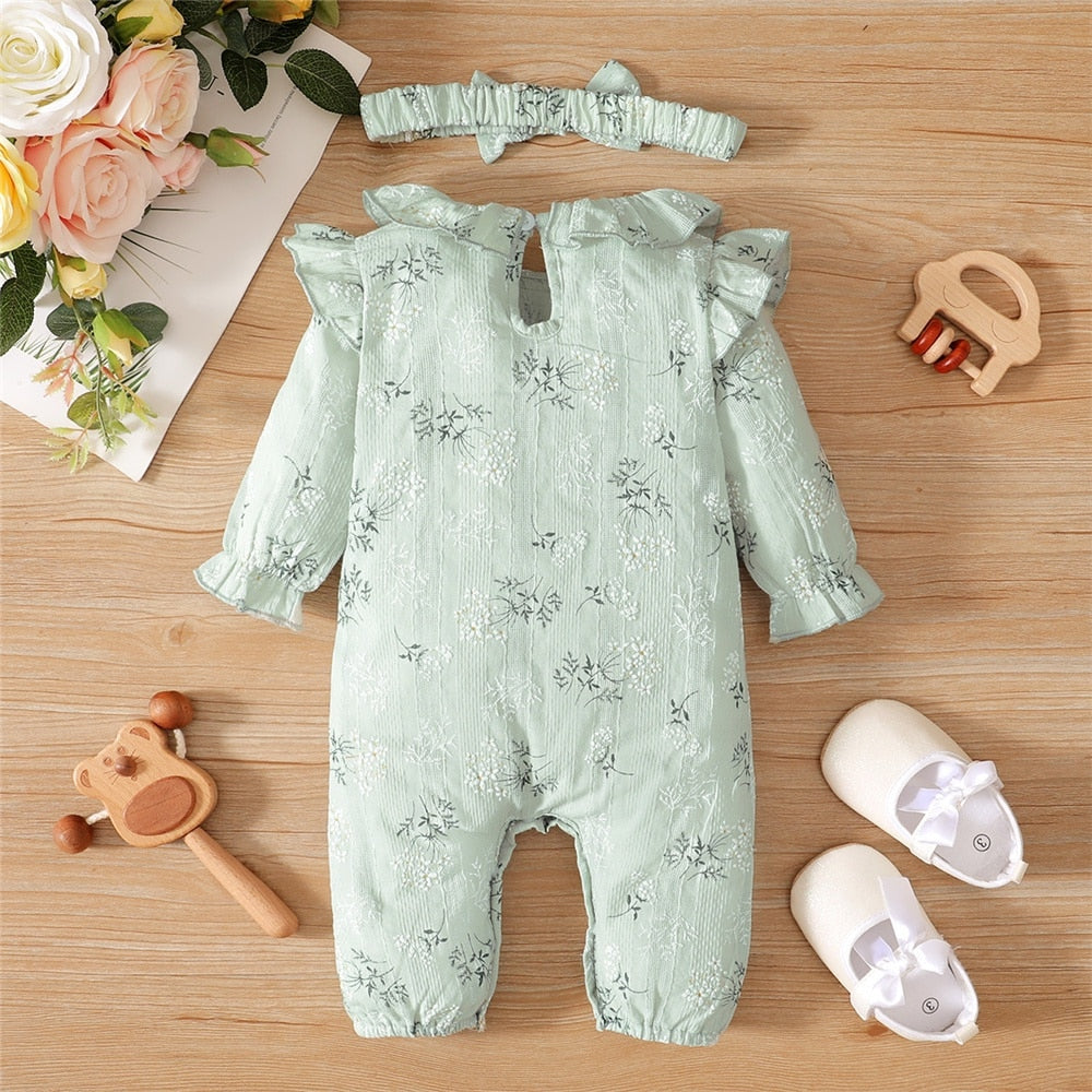 Baby Girl Romper with Flowers and Lotus Leaf Design