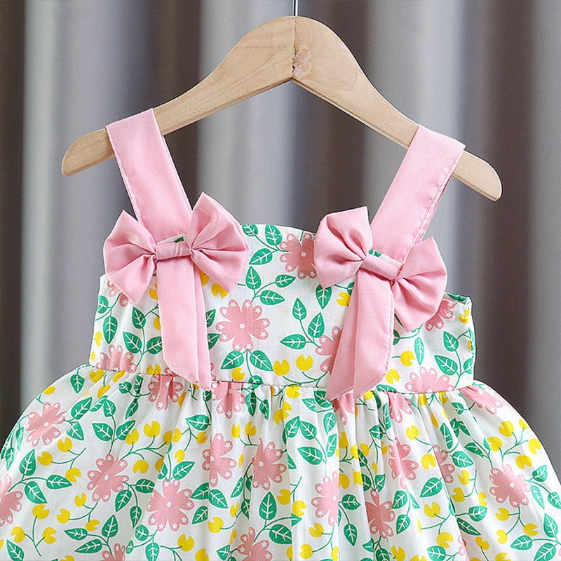 Summer Flower Bow Suspender Dress for Baby Girls