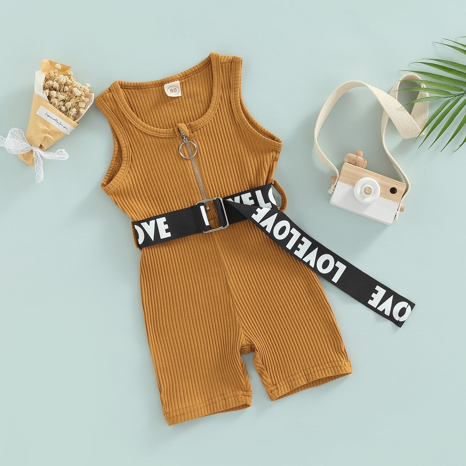 Fashion Kids Girl's Summer Jumpsuit 0-4Y Solid Sleeveless Zipper Ribbed Playsuit Shorts With Letter Printed Belt