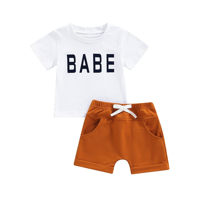 Unisex Newborn Infant Baby Clothes Sets Boys Girls Short Sleeve Letter Print T-Shirts Knot Front Shorts 2pcs Casual Suits