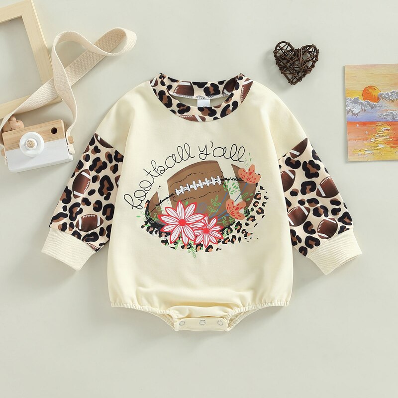 Fashionable Newborn Baby Girls Rompers with Letter, Flower, Rugby, and Leopard Prints